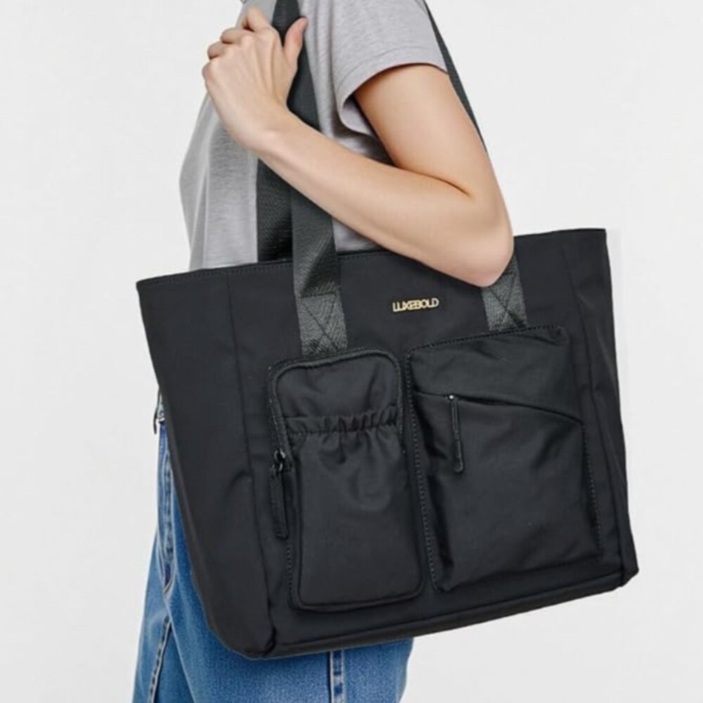 Luxebold | Multi-Pockets Black Canvas Work School Tote Bag - NWT